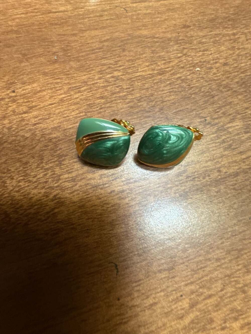Vintage Green Enamel Gold-Tone Clip-On Earrings